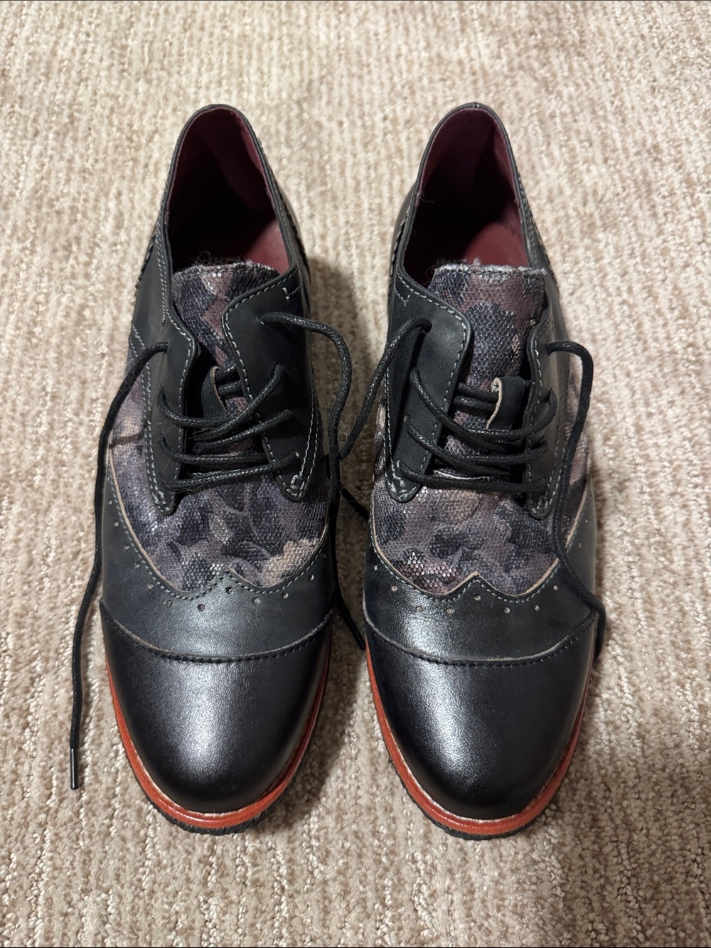 Women's Black Leather Floral Fabric Oxford Derbys